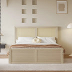 Letto con piattaforma contenitore in legno con 4 cassetti e testiera in rattan
