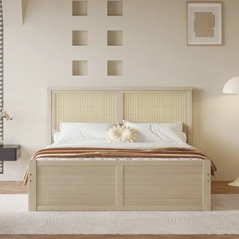 Letto con piattaforma contenitore in legno con 4 cassetti e testiera in rattan