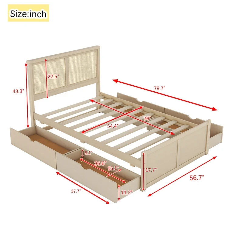Letto con piattaforma contenitore in legno con 4 cassetti e testiera in rattan