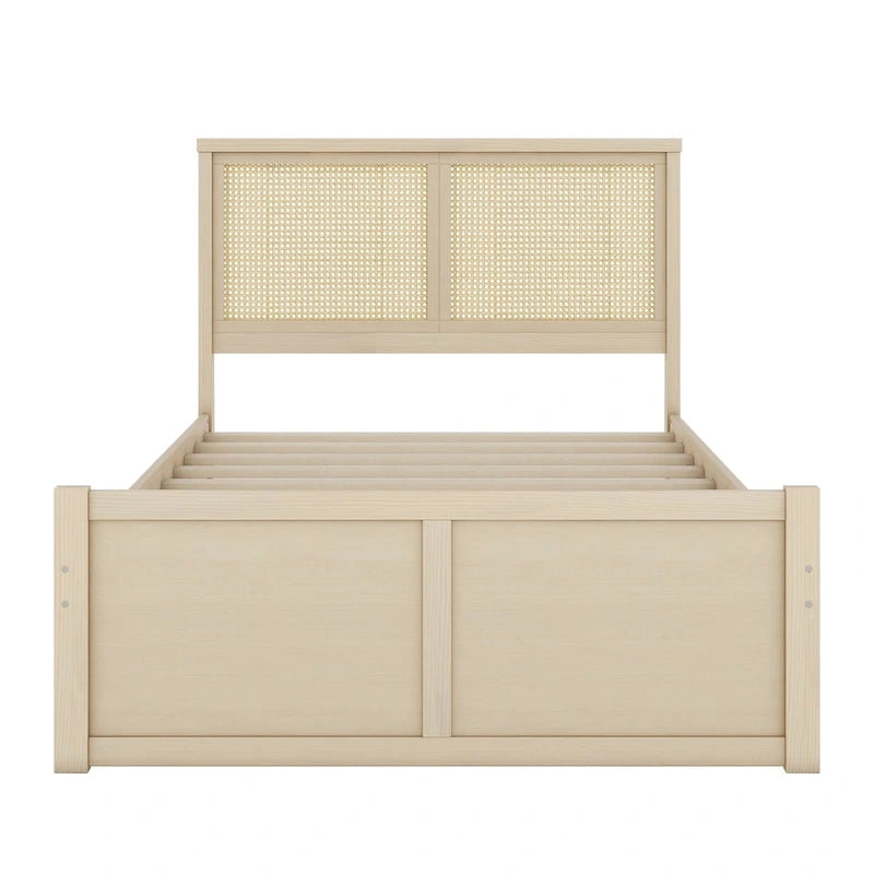 Letto con piattaforma contenitore in legno con 4 cassetti e testiera in rattan
