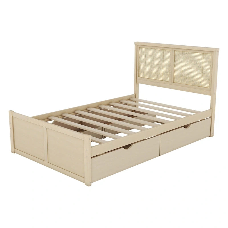 Letto con piattaforma contenitore in legno con 4 cassetti e testiera in rattan