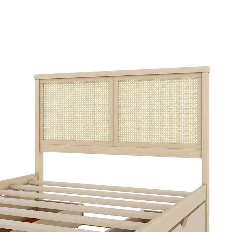 Letto con piattaforma contenitore in legno con 4 cassetti e testiera in rattan