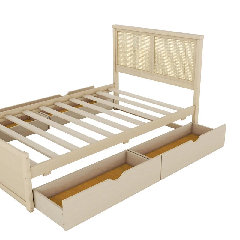 Letto con piattaforma contenitore in legno con 4 cassetti e testiera in rattan