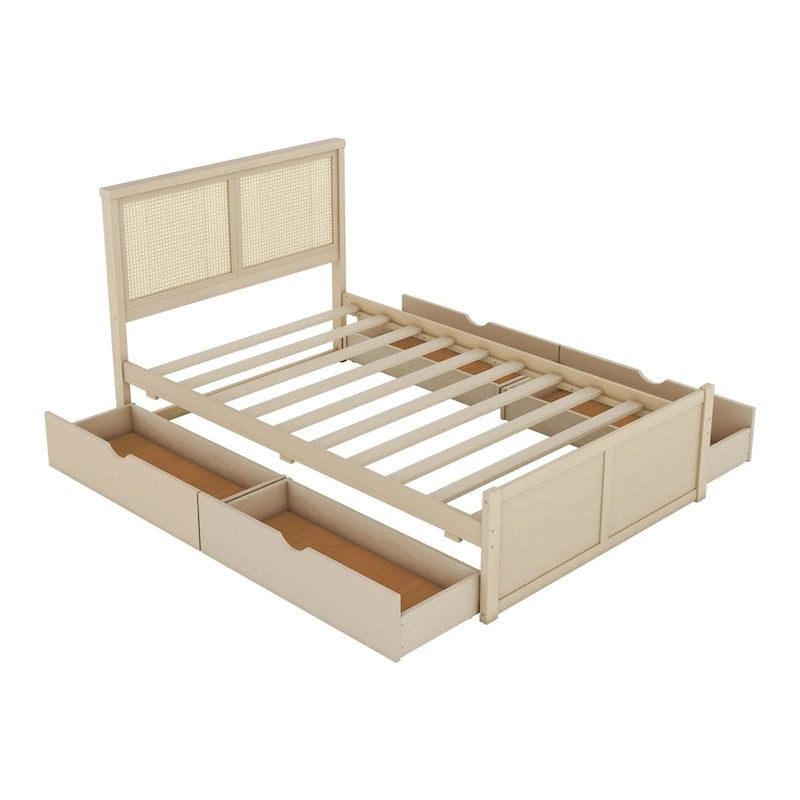 Letto con piattaforma contenitore in legno con 4 cassetti e testiera in rattan