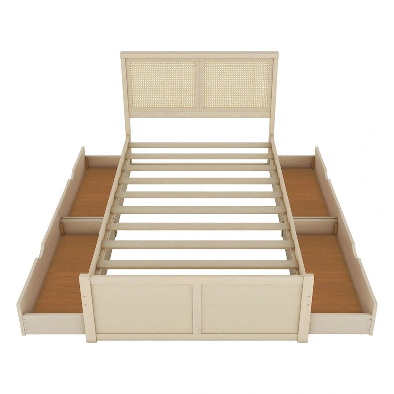 Letto con piattaforma contenitore in legno con 4 cassetti e testiera in rattan