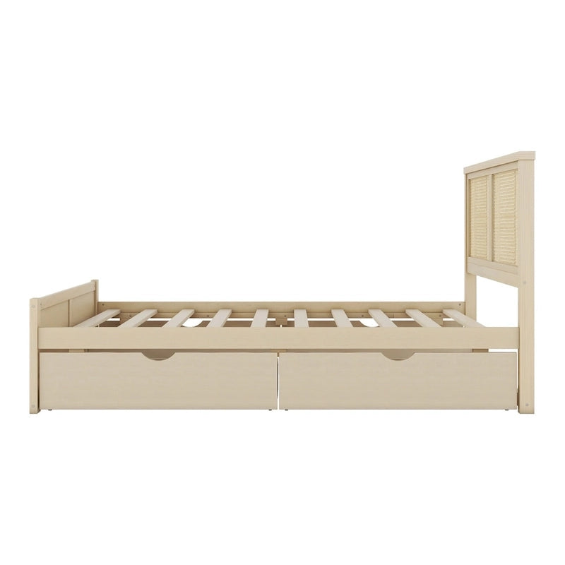 Letto con piattaforma contenitore in legno con 4 cassetti e testiera in rattan