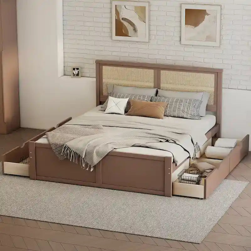 Letto con piattaforma contenitore in legno con 4 cassetti e testiera in rattan