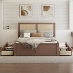 Letto con piattaforma contenitore in legno con 4 cassetti e testiera in rattan
