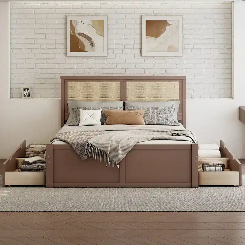 Letto con piattaforma contenitore in legno con 4 cassetti e testiera in rattan