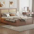 Letto con piattaforma contenitore in legno con 4 cassetti e testiera in rattan