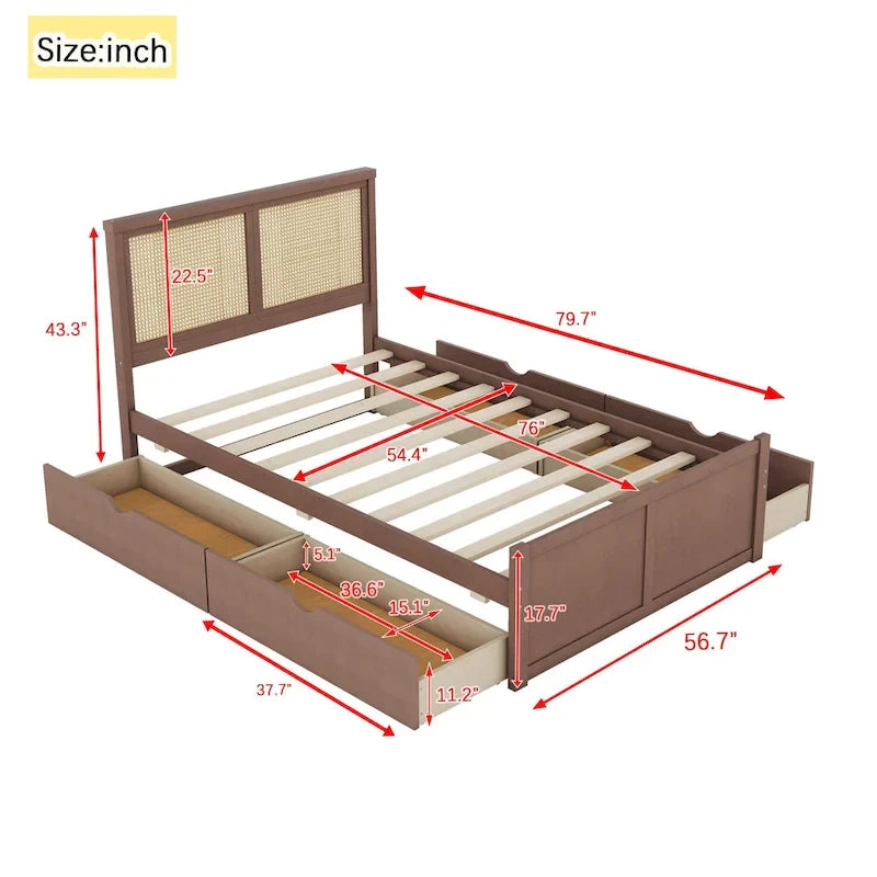 Letto con piattaforma contenitore in legno con 4 cassetti e testiera in rattan