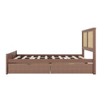 Letto con piattaforma contenitore in legno con 4 cassetti e testiera in rattan