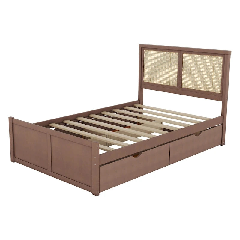 Letto con piattaforma contenitore in legno con 4 cassetti e testiera in rattan