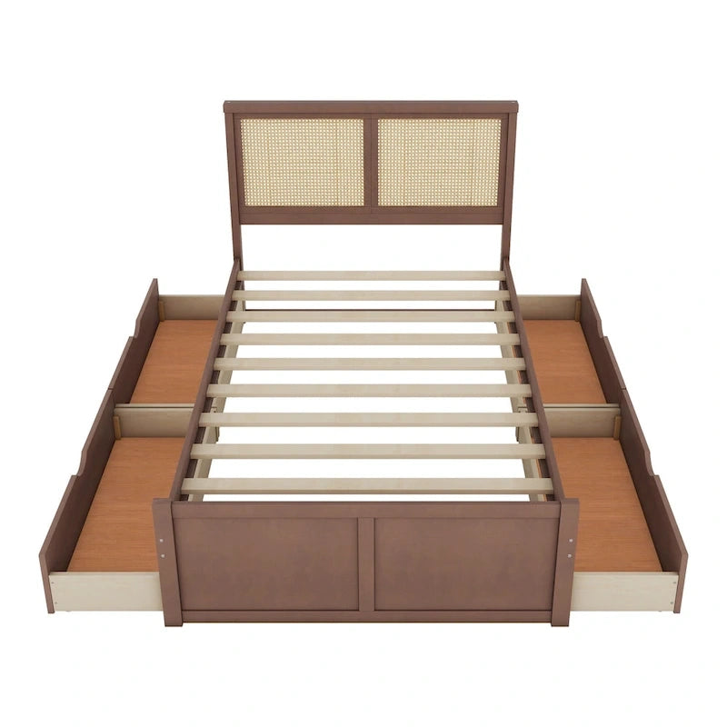 Letto con piattaforma contenitore in legno con 4 cassetti e testiera in rattan