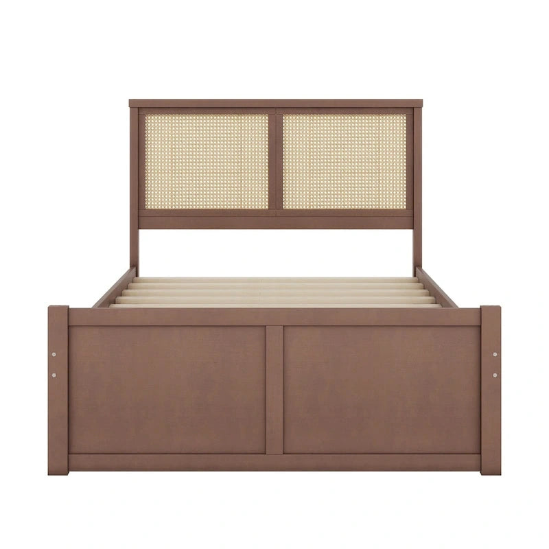 Letto con piattaforma contenitore in legno con 4 cassetti e testiera in rattan
