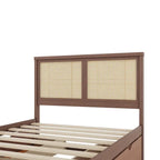 Letto con piattaforma contenitore in legno con 4 cassetti e testiera in rattan
