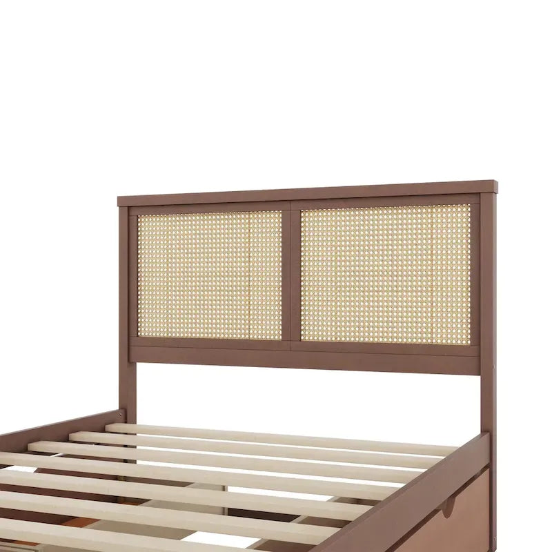 Letto con piattaforma contenitore in legno con 4 cassetti e testiera in rattan