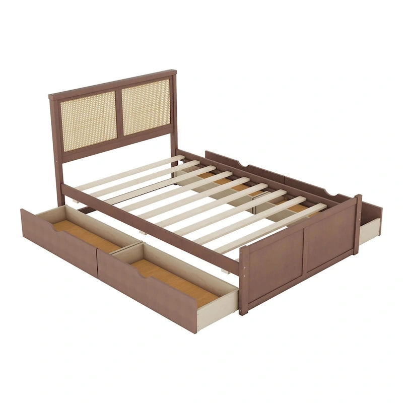 Letto con piattaforma contenitore in legno con 4 cassetti e testiera in rattan