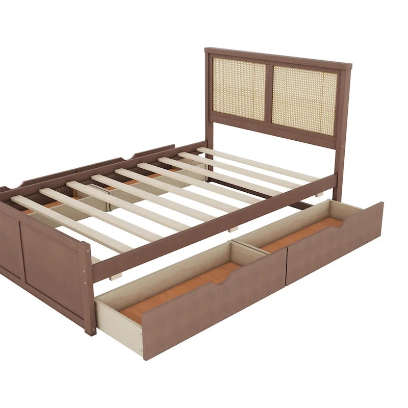 Letto con piattaforma contenitore in legno con 4 cassetti e testiera in rattan