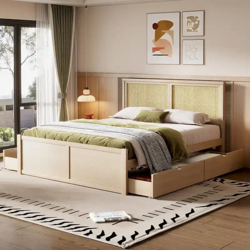 Letto con piattaforma contenitore in legno con 4 cassetti e testiera in rattan