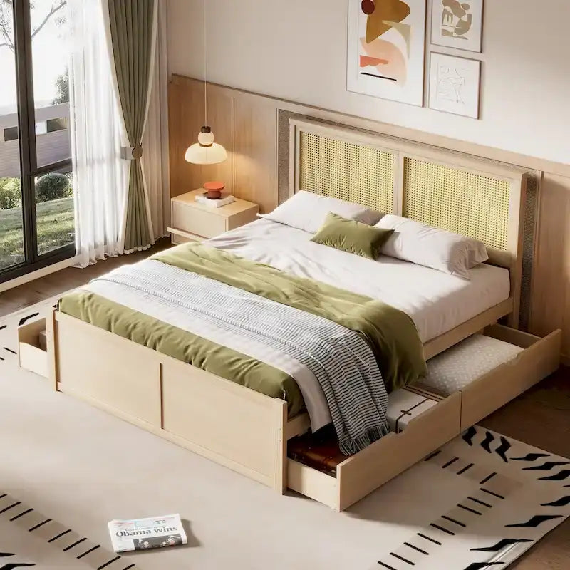 Letto con piattaforma contenitore in legno con 4 cassetti e testiera in rattan
