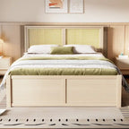 Letto con piattaforma contenitore in legno con 4 cassetti e testiera in rattan