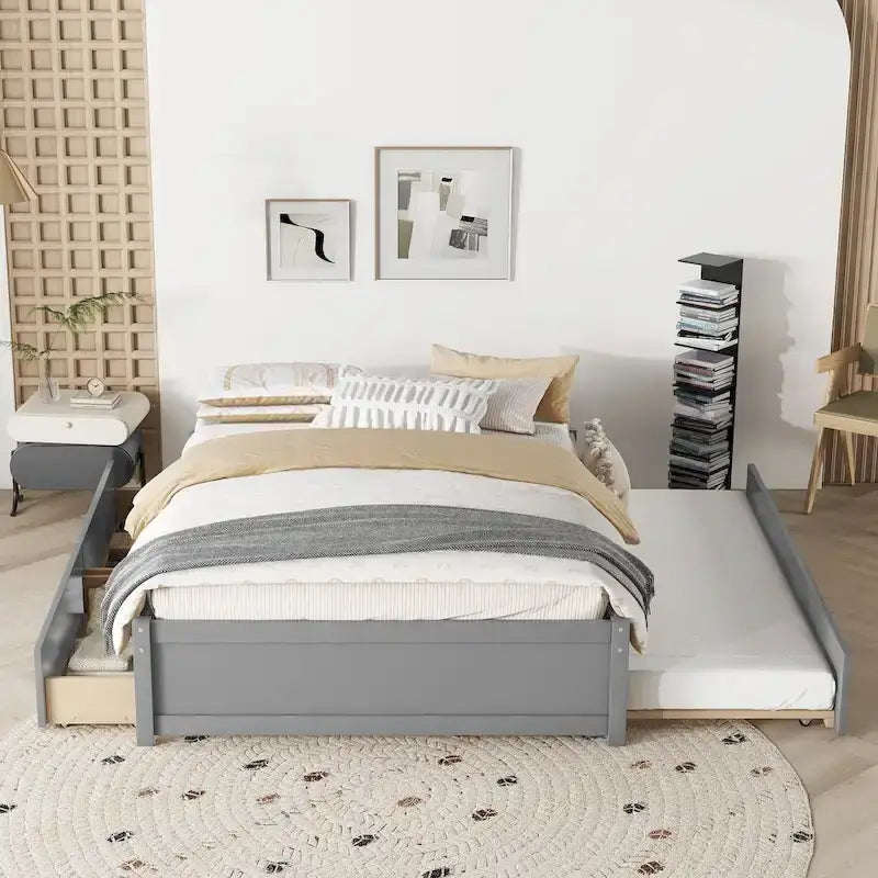 Letto a piattaforma interamente in legno massello con rotelle estraibili doppie