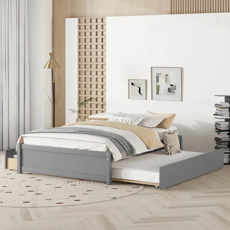 Letto a piattaforma interamente in legno massello con rotelle estraibili doppie