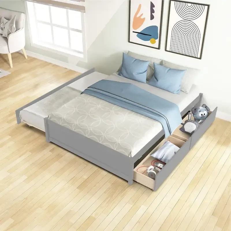 Letto a piattaforma interamente in legno massello con rotelle estraibili doppie