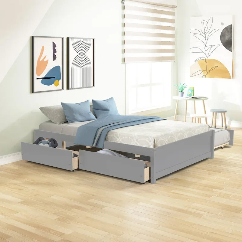 Letto a piattaforma interamente in legno massello con rotelle estraibili doppie