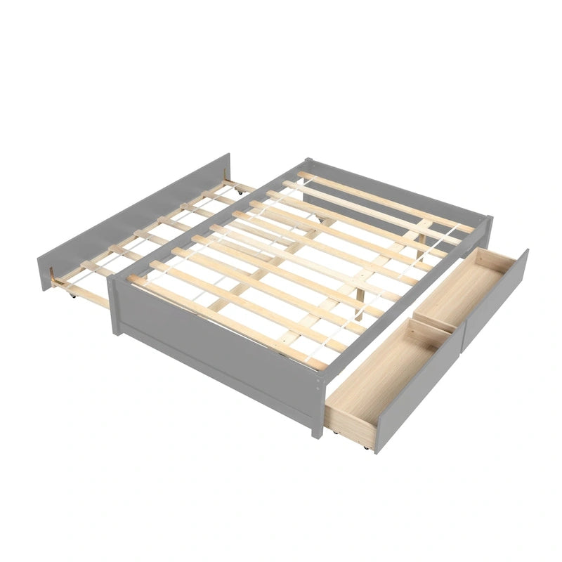 Letto a piattaforma interamente in legno massello con rotelle estraibili doppie