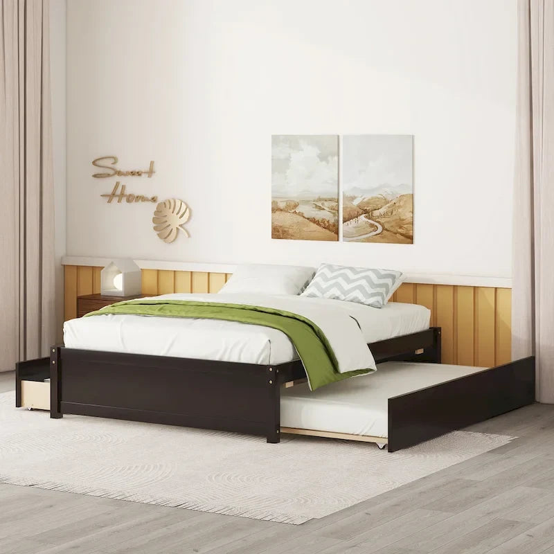 Letto a piattaforma interamente in legno massello con rotelle estraibili doppie