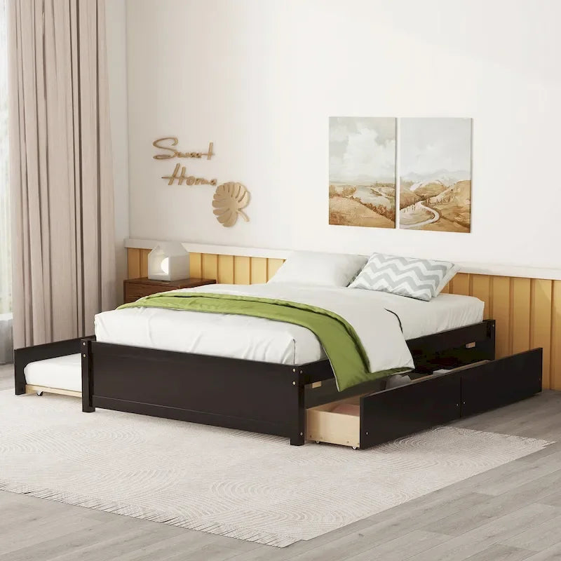 Letto a piattaforma interamente in legno massello con rotelle estraibili doppie