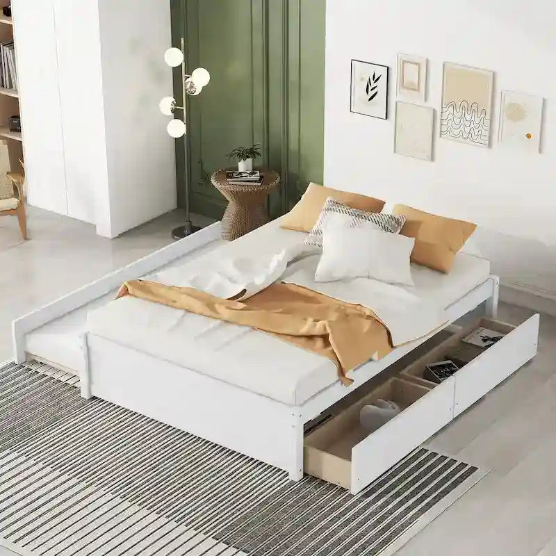 Letto a piattaforma interamente in legno massello con rotelle estraibili doppie