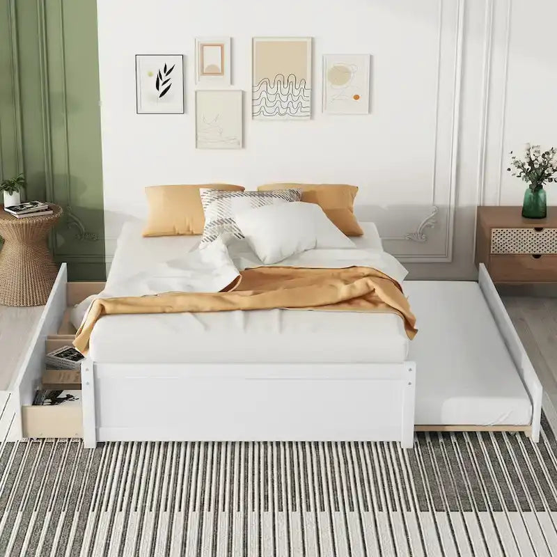 Letto a piattaforma interamente in legno massello con rotelle estraibili doppie