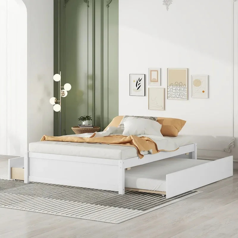 Letto a piattaforma interamente in legno massello con rotelle estraibili doppie