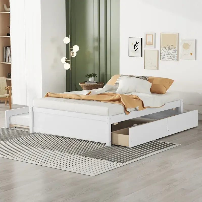 Letto a piattaforma interamente in legno massello con rotelle estraibili doppie