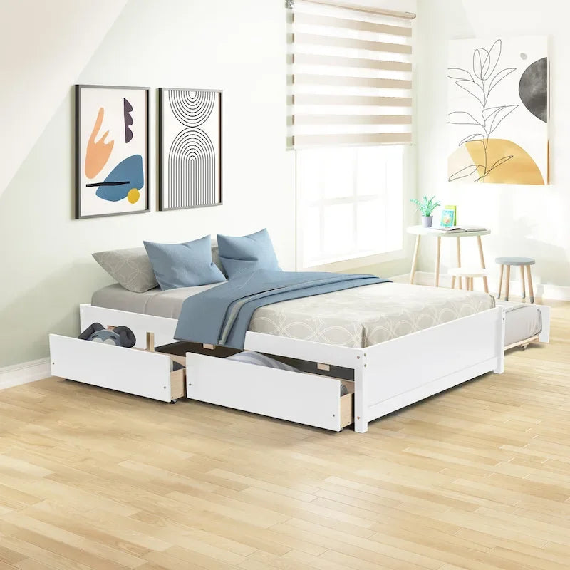 Letto a piattaforma interamente in legno massello con rotelle estraibili doppie