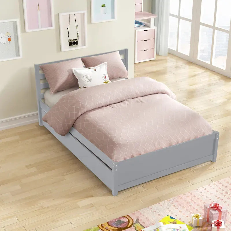 Struttura letto a piattaforma in legno full size con testiera e rotelle singole