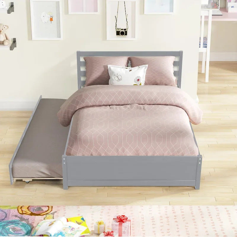 Struttura letto a piattaforma in legno full size con testiera e rotelle singole