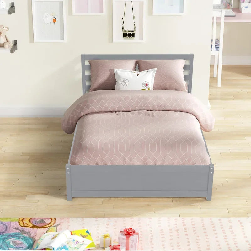 Struttura letto a piattaforma in legno full size con testiera e rotelle singole