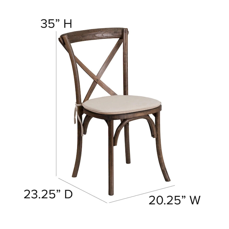Set da 2 sedie impilabili in legno con schienale a croce e cuscino