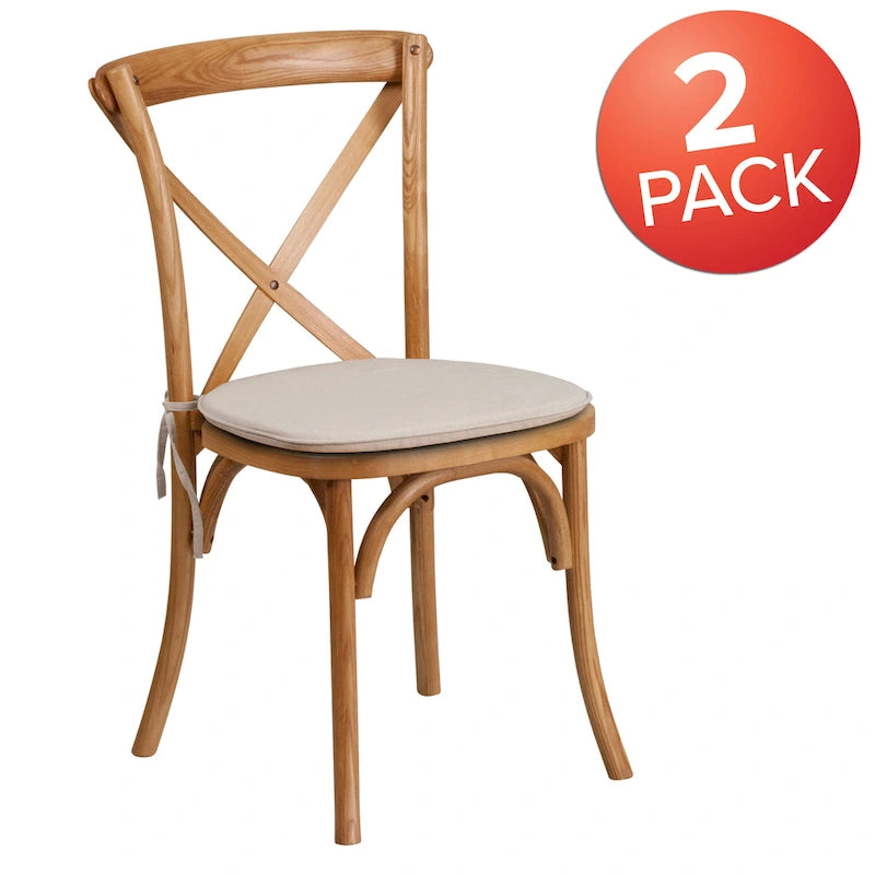 Set da 2 sedie impilabili in legno con schienale a croce e cuscino
