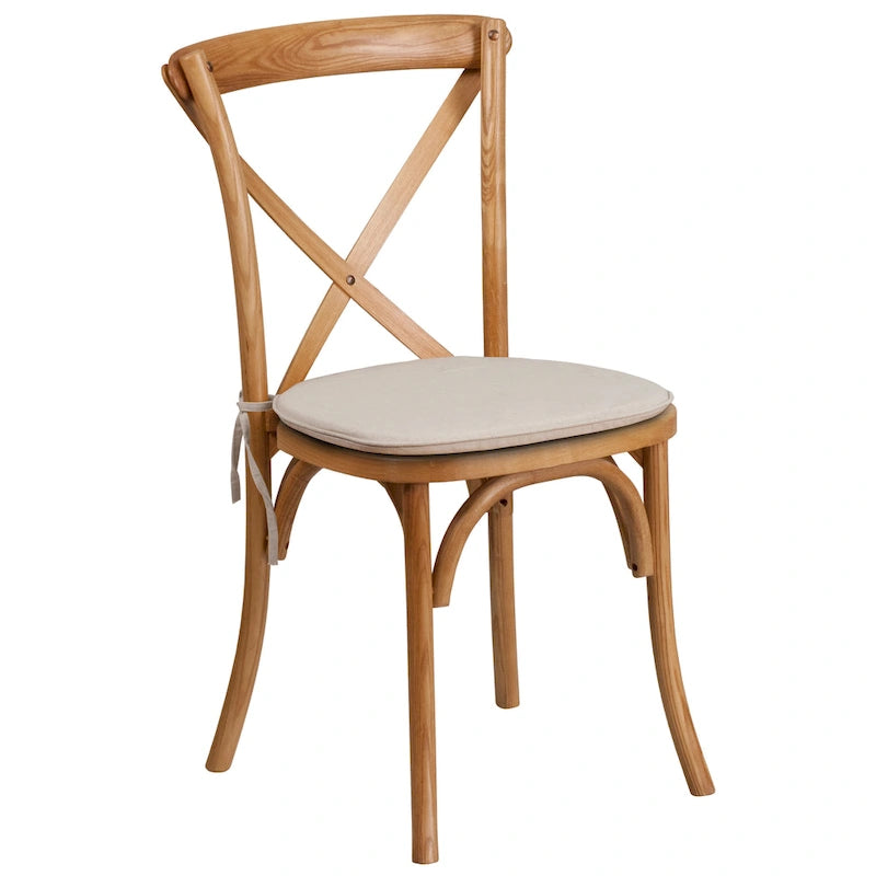 Set da 2 sedie impilabili in legno con schienale a croce e cuscino