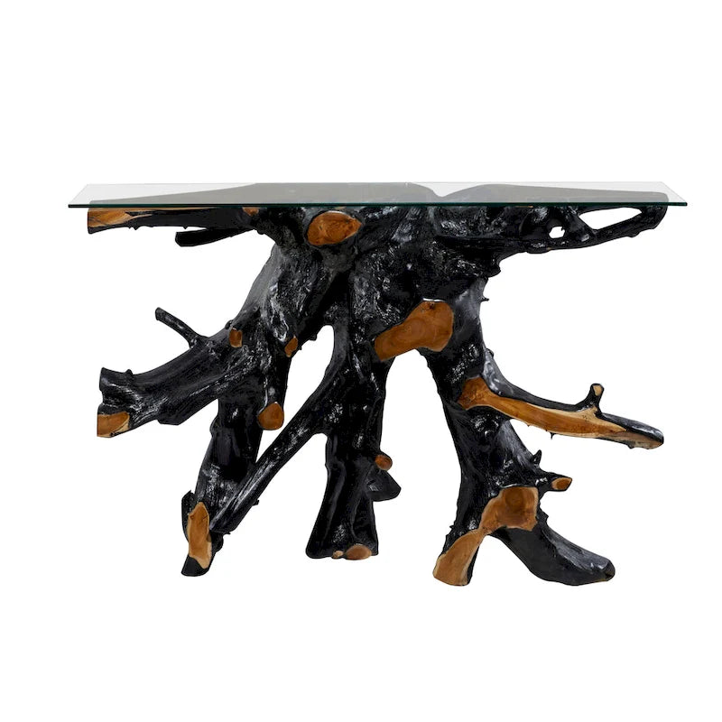 Teak Wood Live Edge Tree Stump Console Table with Clear Glass Top - Black -  - 16W x 49L x 32H