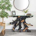 Consolle in legno di teak con bordo vivo e base a tronco d'albero con piano in vetro trasparente - Nero - 16W x 49L x 32H
