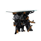 Consolle in legno di teak con bordo vivo e base a tronco d'albero con piano in vetro trasparente - Nero - 16W x 49L x 32H