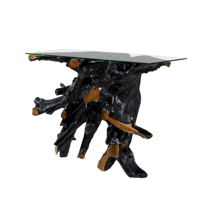 Consolle in legno di teak con bordo vivo e base a tronco d'albero con piano in vetro trasparente - Nero - 16W x 49L x 32H