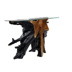 Consolle in legno di teak con bordo vivo e base a tronco d'albero con piano in vetro trasparente - Nero - 16W x 49L x 32H
