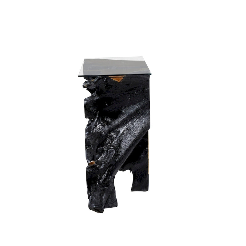 Consolle in legno di teak con bordo vivo e base a tronco d'albero con piano in vetro trasparente - Nero - 16W x 49L x 32H